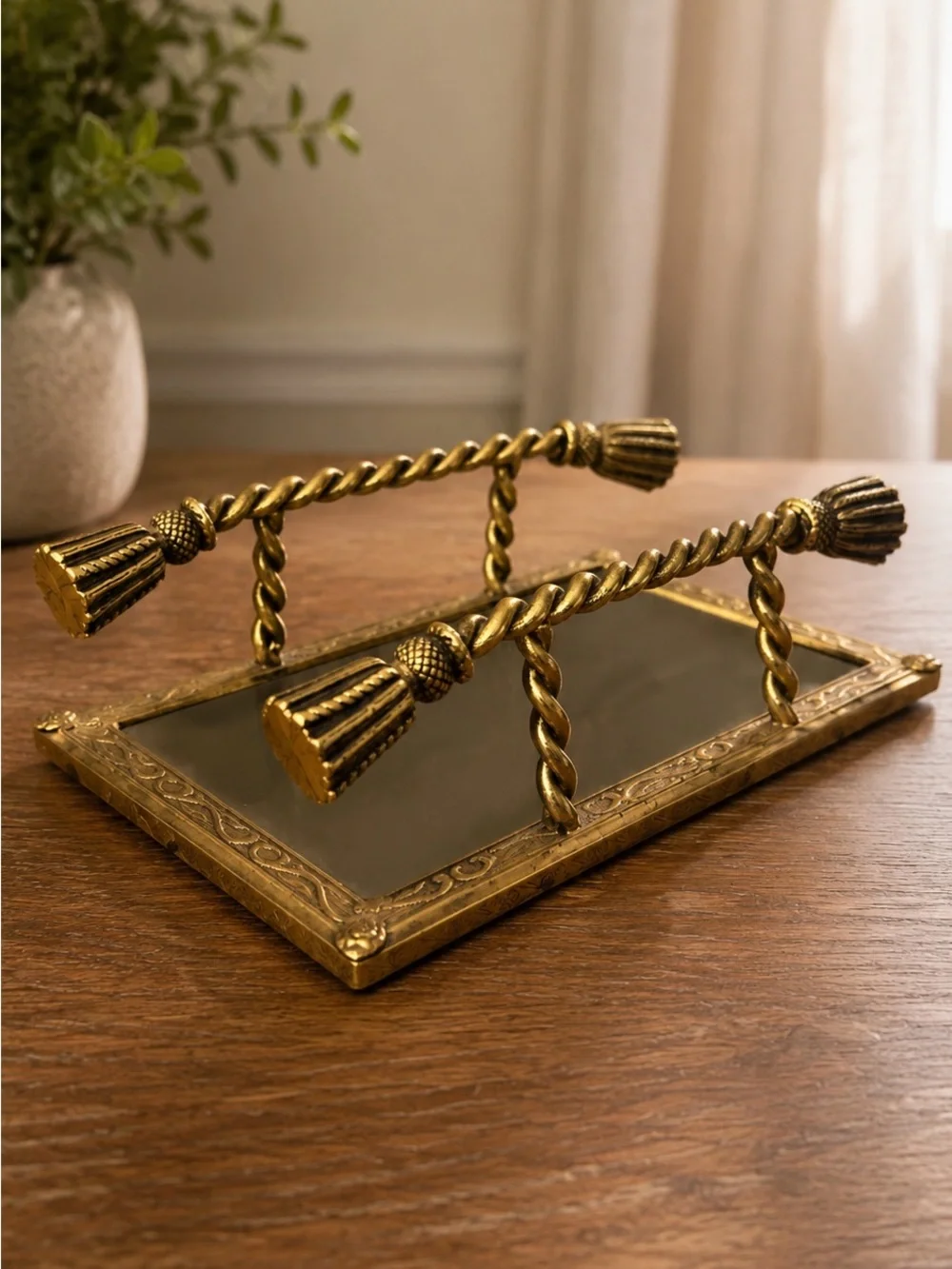 Vintage Brass Napkin Holder Mirrored Tray Tassel Handles Hollywood Regency Decor